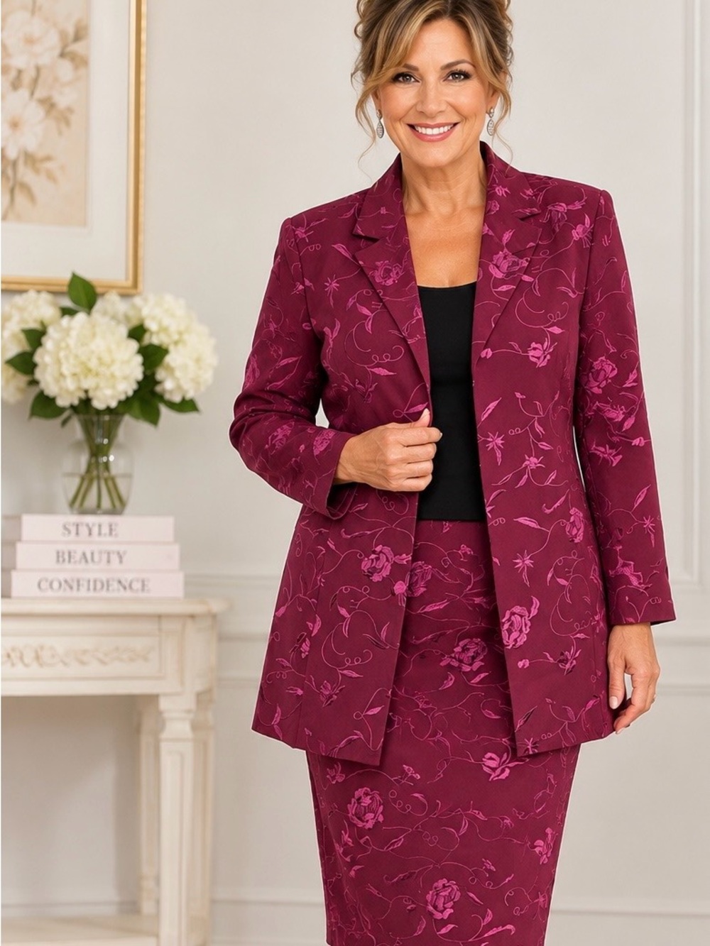 Vintage Maggie Sweet 2 Piece Suite Set Size SP Burgundy Floral Embroidered